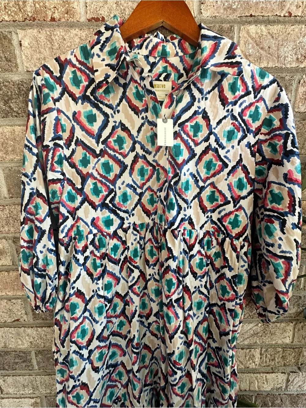 NWT Anthro Midi Dress inGeometric pattern. Button down long sleeve cotton - Picture 4 of 10